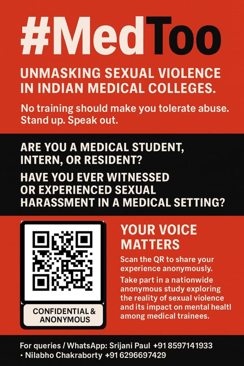 #MedToo poster: Unmasking sexual violence in Indian medical colleges. Scan the QR to share your experience anonymously.
