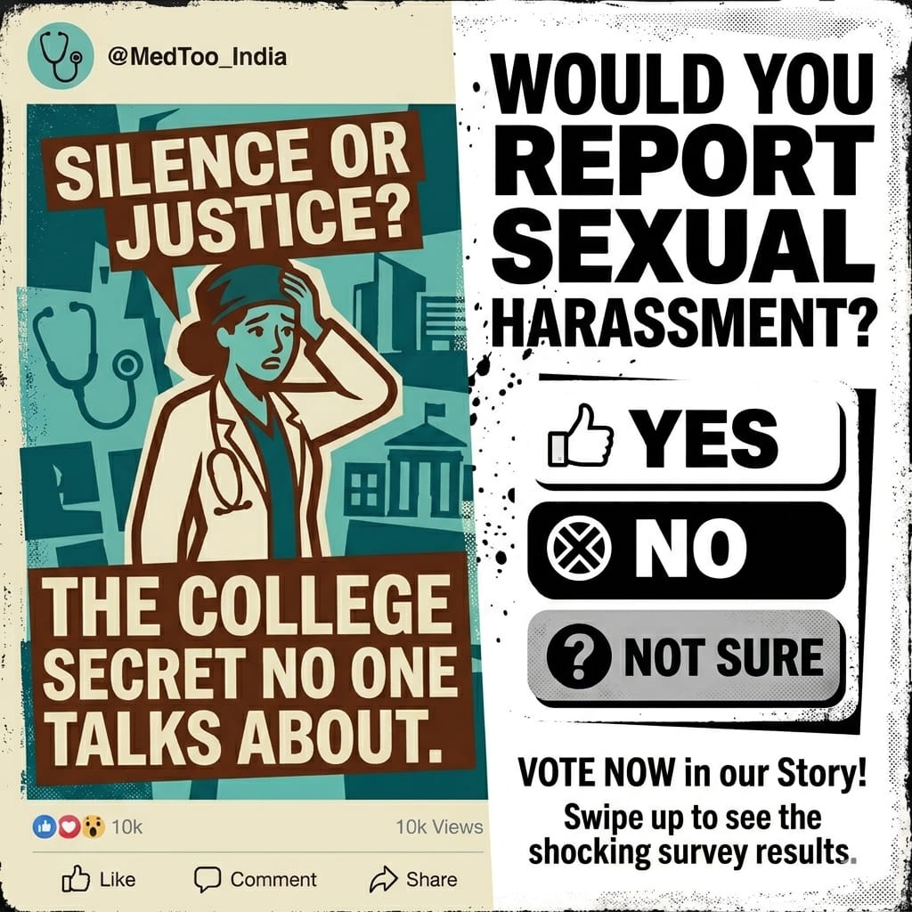 MedToo India campaign poster: 'Silence or Justice? The college secret no one talks about.' Would you report sexual harassment?