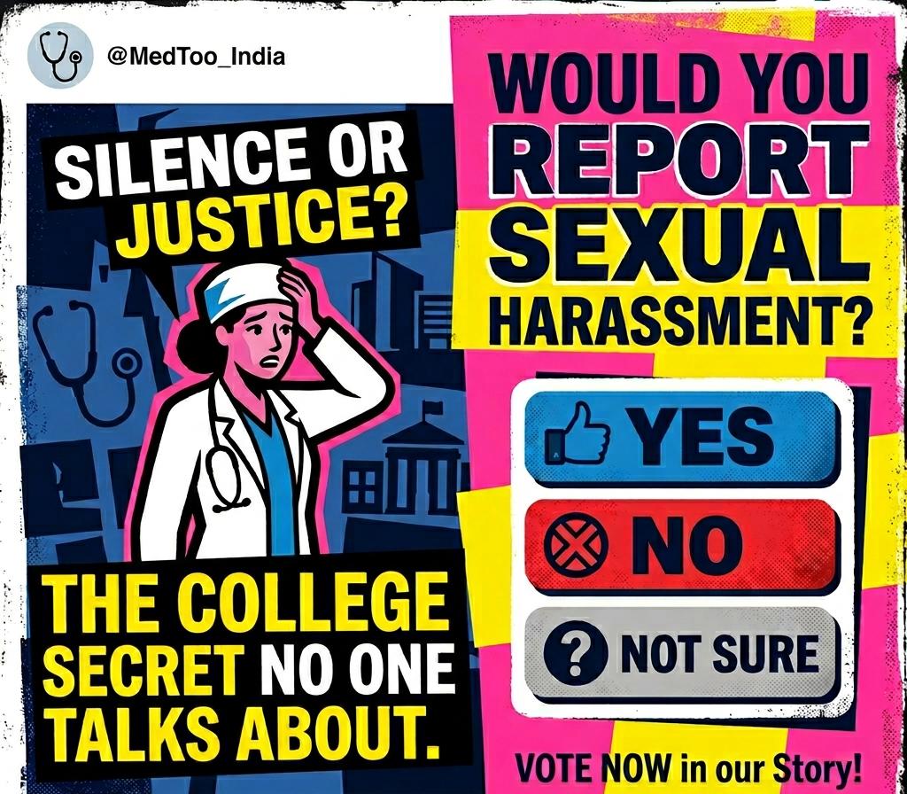 Bold campaign graphic: Would you report sexual harassment? Yes / No / Not sure.