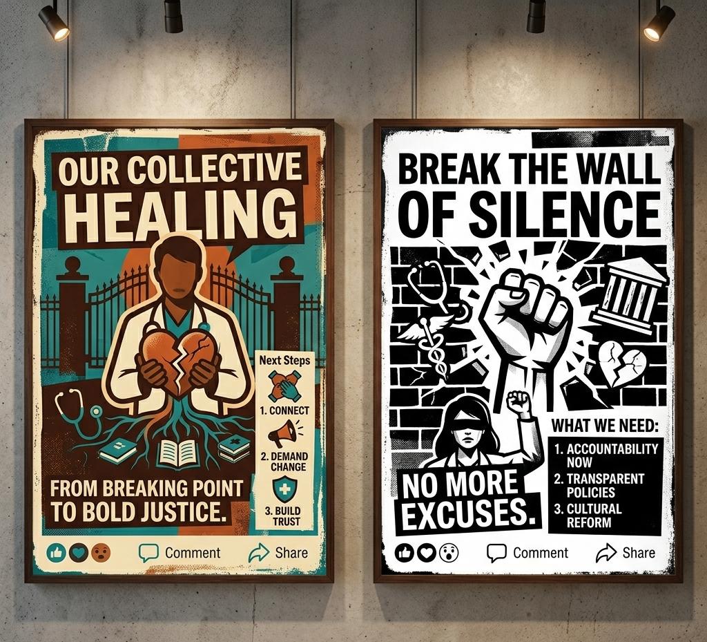 Two campaign posters: 'Our Collective Healing — from breaking point to bold justice' and 'Break the Wall of Silence — no more excuses.'